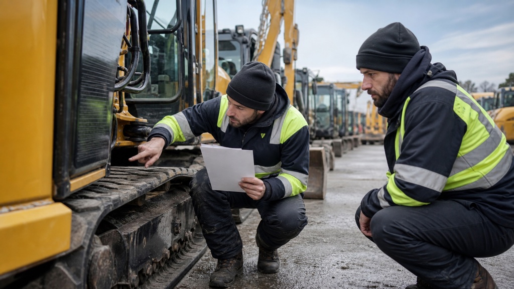 Contrôle matinal des chenilles et protections d'un engin de chantier
